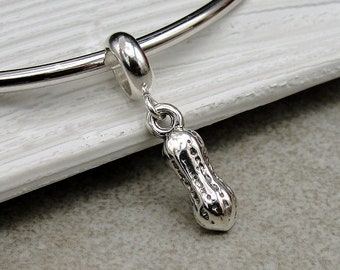 Tiny Peanut European Charm, Sterling Silver Peanut Dangle Charm, Peanut Charm with Bail, Snake Bracelet Charm, Large Hole Bead, Peanut Gift