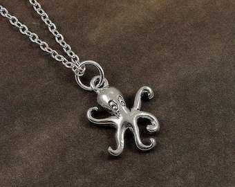 Octopus Necklace, Silver Octopus Charm on a Silver Cable Chain