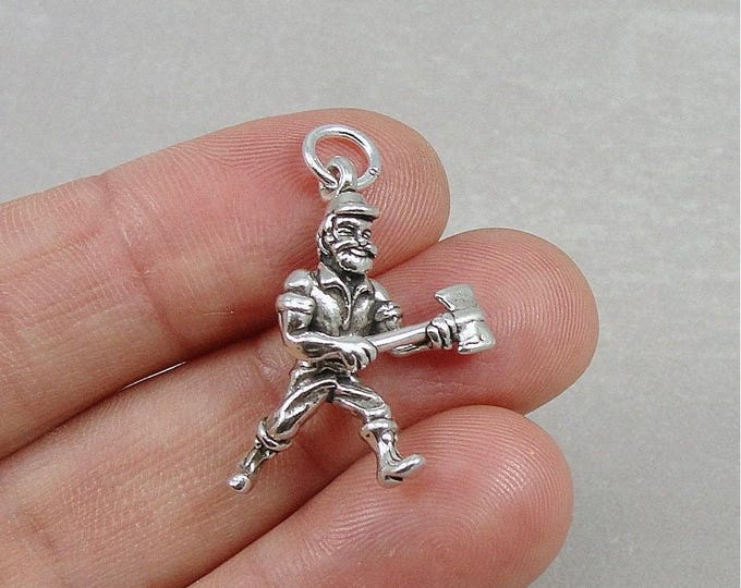Sterling Silver Lumberjack Charm, 3D Woodsman Lumberjack Pendant, Man with Axe Charm, Paul Bunyan Charm, Bracelet Charm, Necklace Charm