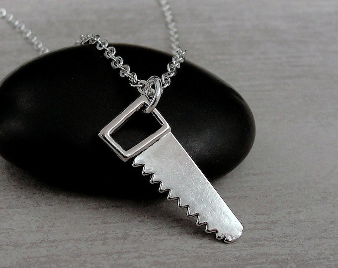 Hand Saw Necklace, Silver Plated Hand Saw Charm Necklace, Tool Charm Necklace, Carpentry Charm, Carpenter Charm, Gift for Handyman