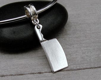 Meat Cleaver European Charm, Silver Chef's Knife Dangle Charm, Butcher Knife Charm with Bail, Halloween Charm, Chef Charm, Large Hole Bead