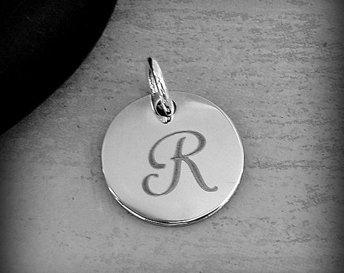 Stainless Steel Letter R Charm, Silver Engraved Letter R Round Disc Initial Charm, Cursive R Charm, Engraved Alphabet Script Font Pendant