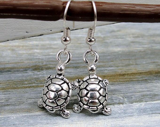 Turtle Earrings, Silver Plated Turtle Dangle Drop Earrings on French Earwires, Tortoise Earrings, Turtle Drop Earrings, Turtle Gift Jewelry