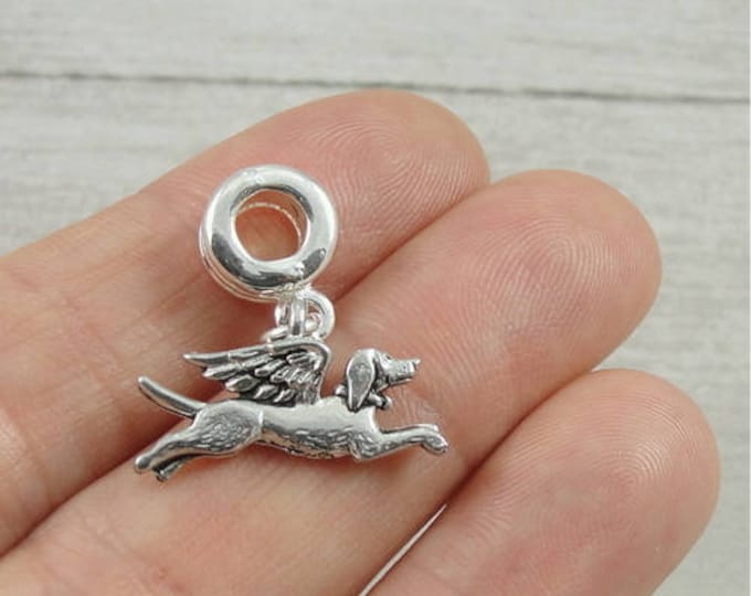 Dog with Angel Wings European Dangle Bead Charm - Silver Dog Remembrance Memorial Charm for European Bracelet