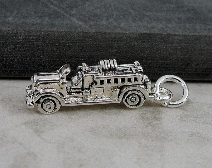 Fire Engine Charm, Silver Fire Truck Necklace Charm, 3D Fire Engine Necklace Charm, Firefighter Charm, Firefighter Gift, Firefighter Jewelry