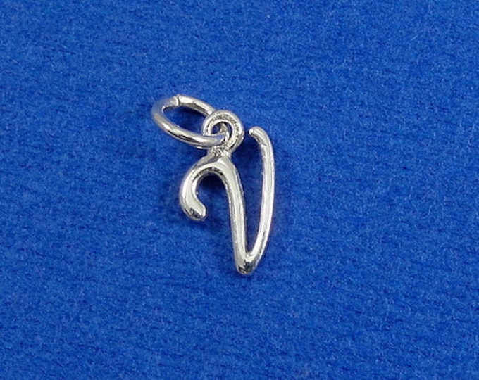 Script Letter V Initial Charm - Sterling Silver Cursive Letter V Alphabet Charm