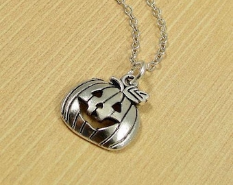 Jack O Lantern Necklace, Silver Pumpkin Jack O Lantern Charm on a Silver Cable Chain