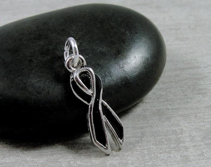 CLOSEOUT - Black Awareness Ribbon Charm, Silver and Black Awareness Ribbon Pendant, Melanoma Awareness Ribbon Charm, Necklace Charm