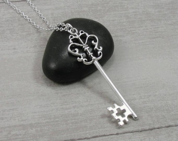 Ornate Key Necklace, Silver Plated Fancy Key Pendant Charm on a Silver Cable Chain