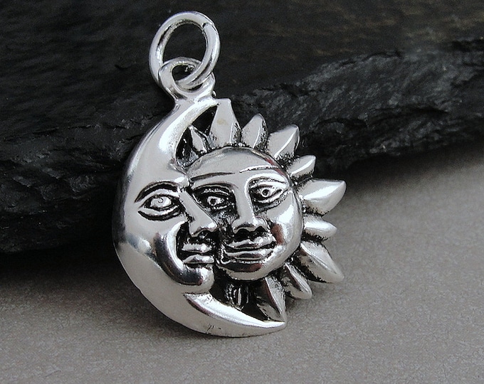 Sun and Moon Charm, Sterling Silver Crescent Moon Charm, Half Moon Half Sun Charm, Sterling Silver Celestial Charm, Sun Face Charm Jewelry