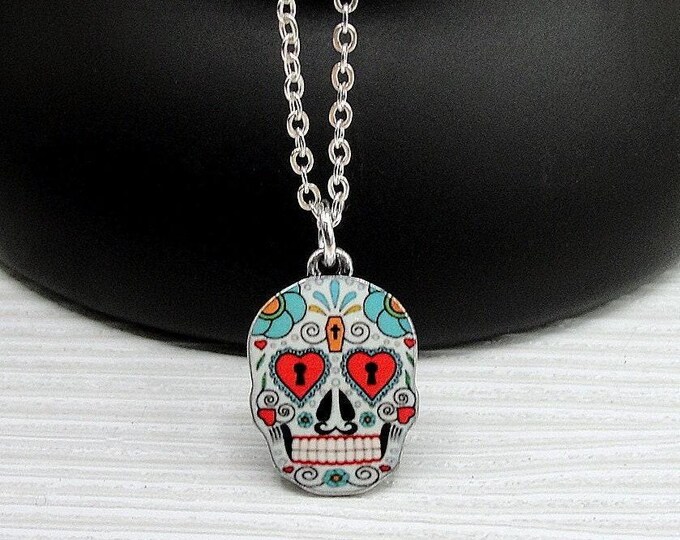 Sugar Skull Necklace, Silver Plated Candy Skull Charm Necklace, Day of the Dead Necklace, Sugar Skull Charm, Halloween Themed Jewelry