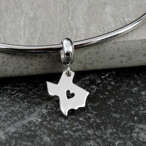 Texas Heart European Charm, Sterling Silver State of Texas Dangle Charm, Texas State Charm with Bail, Snake Bracelet Charm, Large Hole Bead