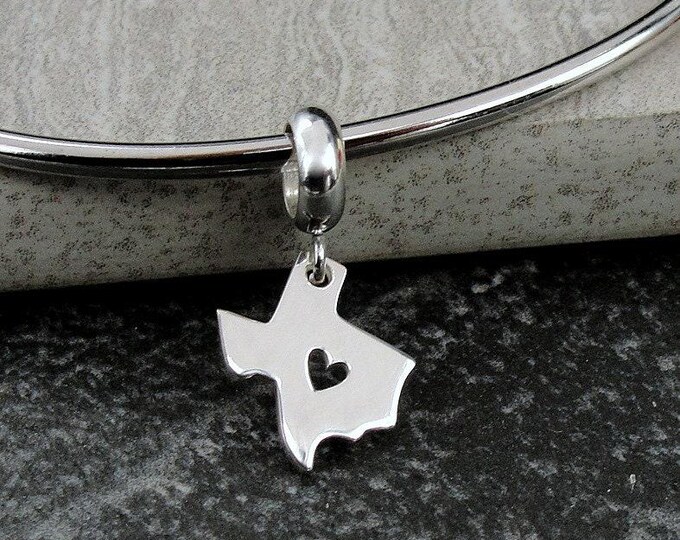 Texas Heart European Charm, Sterling Silver State of Texas Dangle Charm, Texas State Charm with Bail, Snake Bracelet Charm, Large Hole Bead