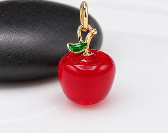 Red Apple Lampwork Glass Charm, Gold Plated Apple Charm for Necklace or Bracelet, Teacher Gift, Fruit Charm, Back to School Jewelry
