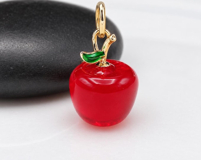 Red Apple Lampwork Glass Charm, Gold Plated Apple Charm for Necklace or Bracelet, Teacher Gift, Fruit Charm, Back to School Jewelry