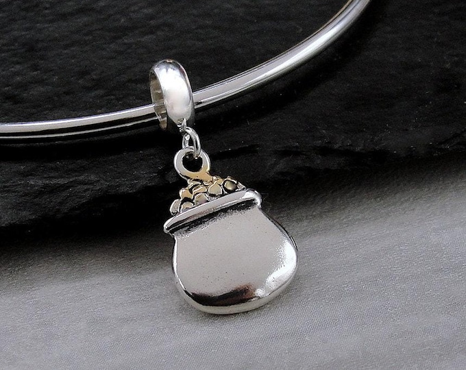 925 Sterling Silver Pot of Gold Dangle Bead Charm, Pot of Gold European Charm, Lucky Leprechaun Charm, Bracelet Charm, Large Hole Bead
