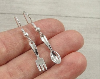 Tiny Fork and Spoon Earrings, Silver Plated