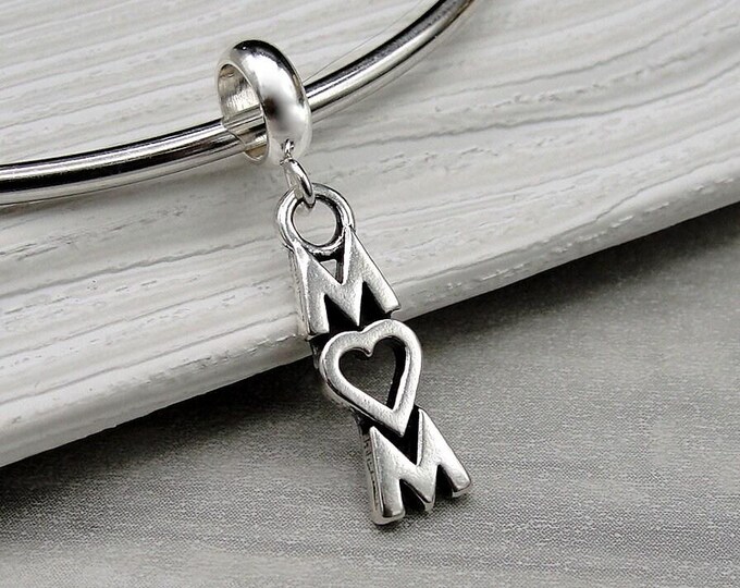 Sterling Silver Mom Heart Charm, Mom European Charm, Mom Charm with Bail, Mother's Day Charm, Snake Bracelet Charm, Mother's Day Gift