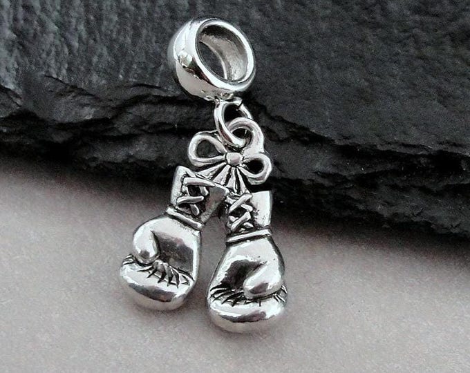 Boxing Gloves European Charm, Silver Boxing Gloves Dangle Charm, Boxer Charm with Bail, Boxing Bracelet Charm, Boxing Gloves Large Hole Bead