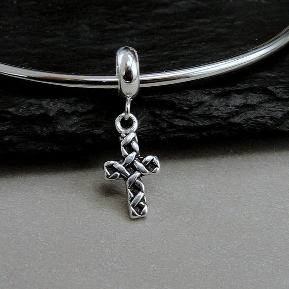 925 Sterling Religious Cross Dangle Bead Charm, Tiny Cross European Charm, Holy Cross Charm, Bracelet Charm, Large Hole Bead, Faith Jewelry