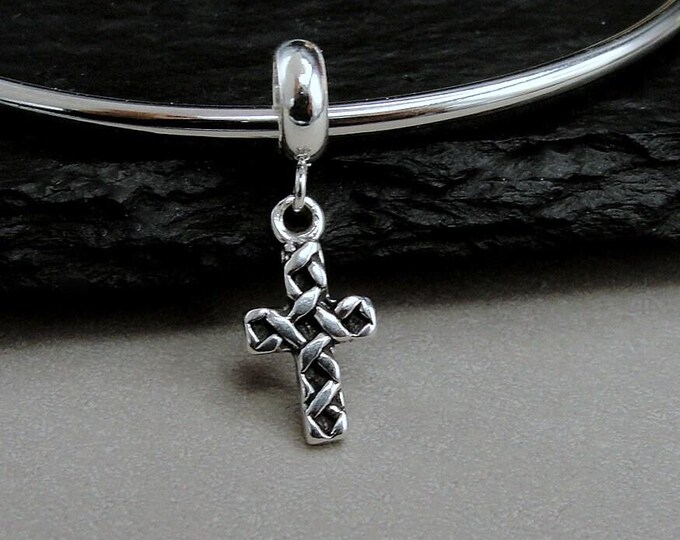 925 Sterling Religious Cross Dangle Bead Charm, Tiny Cross European Charm, Holy Cross Charm, Bracelet Charm, Large Hole Bead, Faith Jewelry
