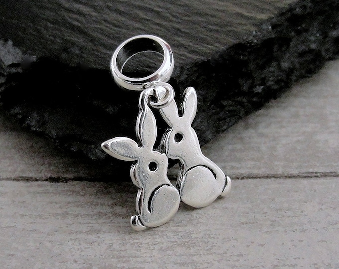 925 Sterling Silver Kissing Bunnies Dangle Bead Charm, Rabbit European Charm,Bunny Charm, Bracelet Charm, Large Hole Bead, Bunny Rabbit Gift