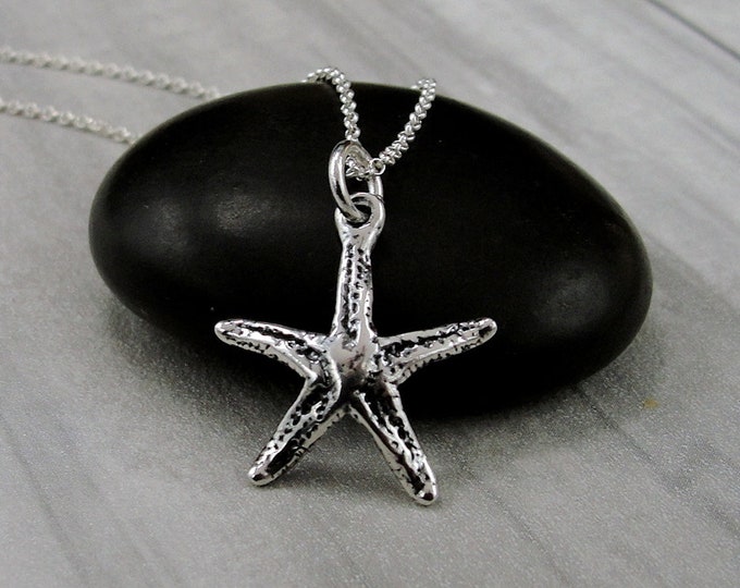 925 Sterling Silver Starfish Necklace, Beach Starfish Charm Necklace, Ocean Beach Charm Necklace, Beach Themed Jewelry Gift