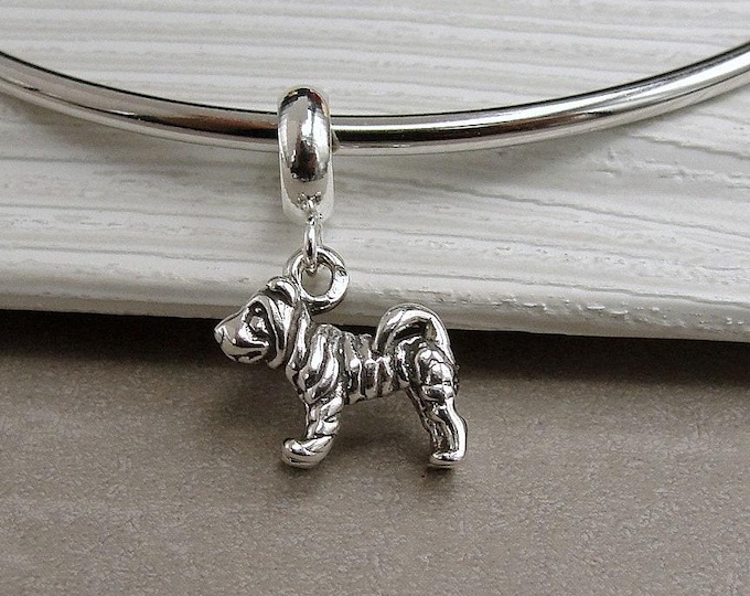 925 Sterling Silver Shar Pei Dangle Bead Charm, Shar-Pei European Charm, Chinese Dog Charm, Bracelet Charm, Large Hole Bead, Shar-Pei Gift