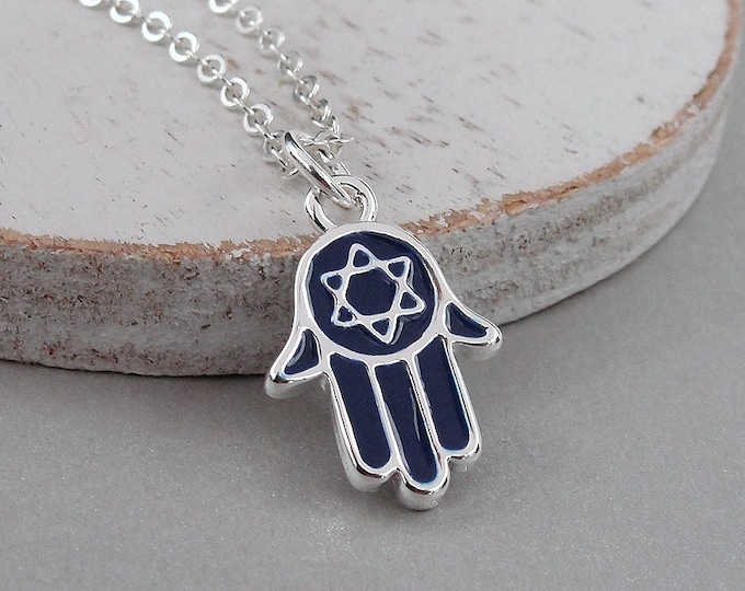 Blue Star of David Hamsa Necklace, Silver Plated Hamsa Charm Necklace, Star of David Necklace, Star of David Charm, Hamsa Charm Jewelry