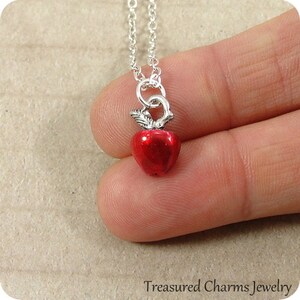 Tiny Red Apple Necklace, Silver Plated Red Apple Charm on a Silver Cable Chain image 3