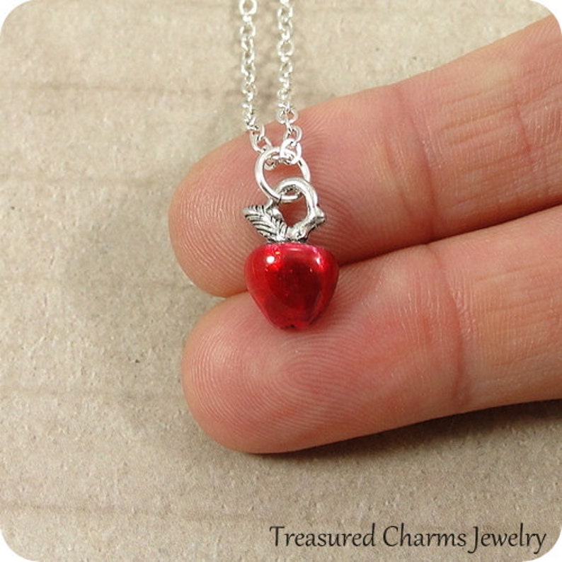 Tiny Red Apple Necklace, Silver Plated Red Apple Charm on a Silver Cable Chain image 3