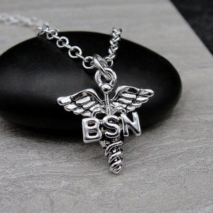 BSN Necklace, Silver BSN Nurse Charm Necklace, BSN Caduceus Symbol Necklace, Bachelor of Science Nursing Charm, Registered Nurse Gift