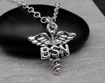BSN Nurse Caduceus Necklace, Silver BSN Charm Necklace, BSN Symbol Necklace, Bachelor of Science Nursing Charm, Registered Nurse Gift