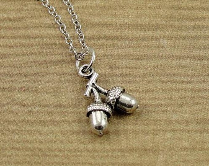 Acorns on Branch Necklace, Silver Plated Acorns on Branch Charm on a Silver Cable Chain
