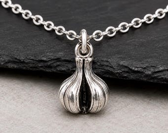 Tiny Garlic Bulb Necklace, Silver 3D Garlic Charm Pendant, Garlic Clove Jewelry, Vampire Protection Charm, Garlic Lover Gift