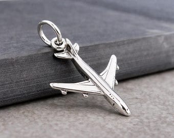 Airplane Charm, 925 Sterling Silver 3D Airplane Necklace Charm, Jet Plane Charm, Boeing 747 Charm, Pilot Charm, Flight Attendant Charm