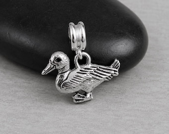 Duck European Charm, Silver Duck Dangle Charm, Mallard Duck Charm with Bail, Snake Bracelet Charm, Large Hole Bead, Duck Jewelry, Duck Gift