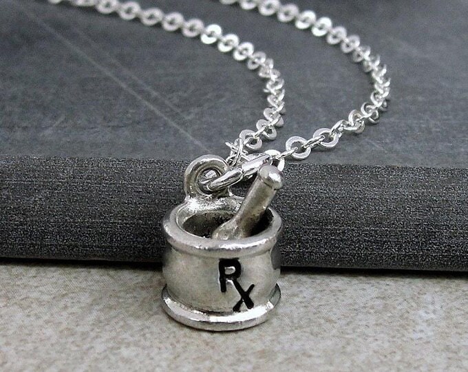 Mortar and Pestle Necklace, Silver Plated Medicine Bowl Charm Necklace, Pharmacist Charm, Pharmacist Necklace, Pharmacist Gift Jewelry