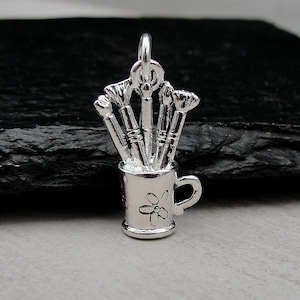 Silver Artist Paintbrush Charm, Artist Charm, Painter Charm, Art Supplies Charm, 3D Artist Paint Cup Charm, Gift for Painter, Artist Gift