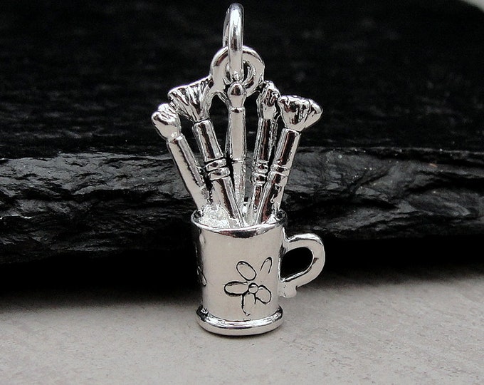 Silver Artist Paintbrush Charm, Artist Charm, Painter Charm, Art Supplies Charm, 3D Artist Paint Cup Charm, Gift for Painter, Artist Gift