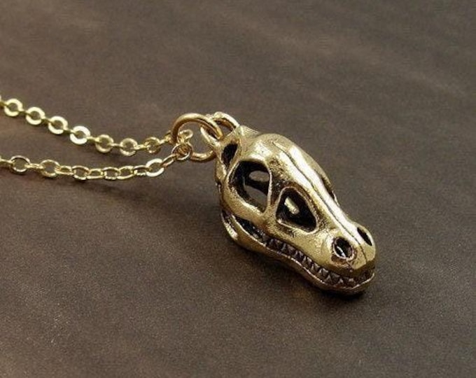 Tyrannosaurus Rex Necklace, Gold T-Rex Skull Charm Necklace, Dinosaur Fossil Necklace, Dinosaur Skeleton Jewelry, Dinosaur Jewelry Gift