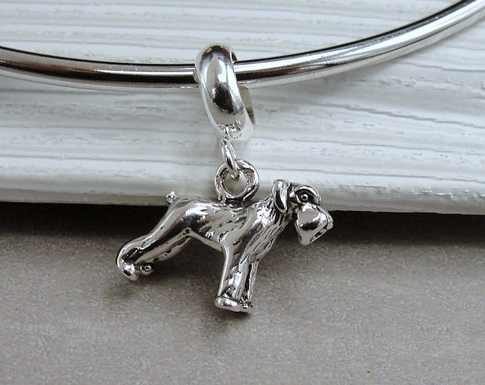 925 Sterling Silver Schnauzer Dangle Bead Charm, Schnauzer European Charm, Miniature Schnauzer Dog Charm, Bracelet Charm, Large Hole Bead