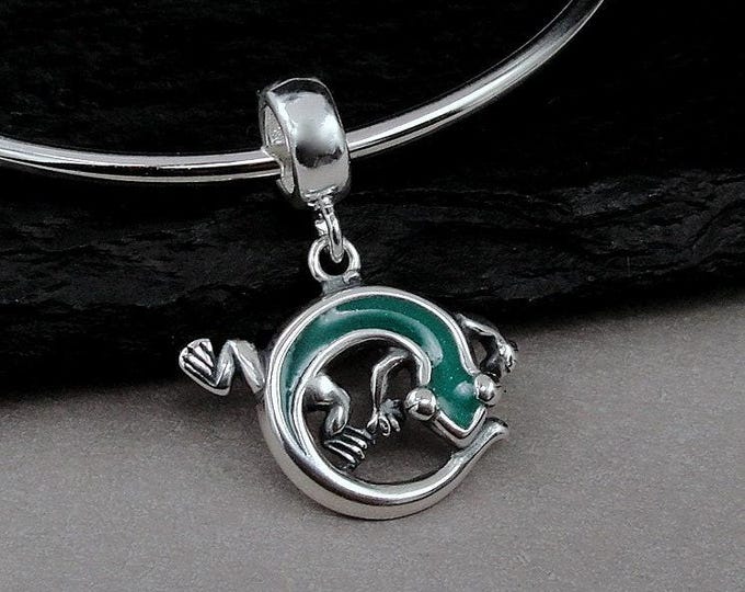 Green Gecko European Charm, Sterling Silver Green Lizard Dangle Charm, Salamander Charm with Bail, Iguana Charm, Reptile Charm, Lizard Gift