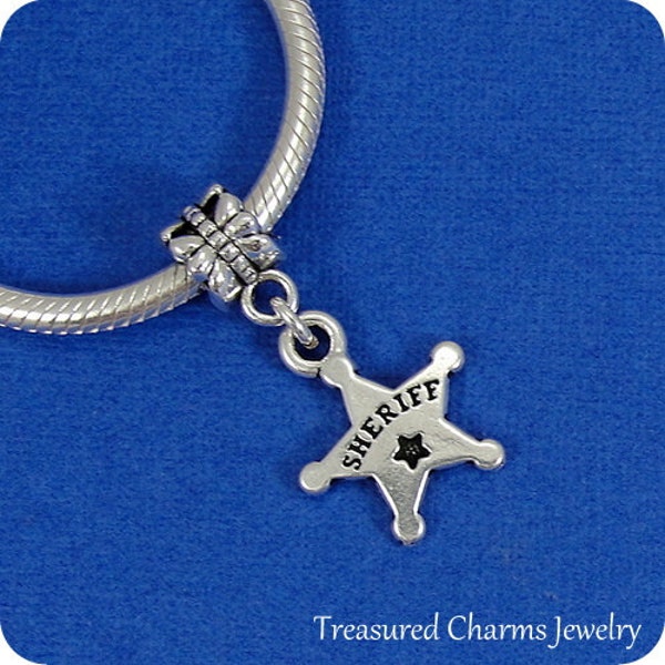 Sheriff Star Badge European Dangle Bead Charm - Silver Sheriff Badge Charm for European Bracelet