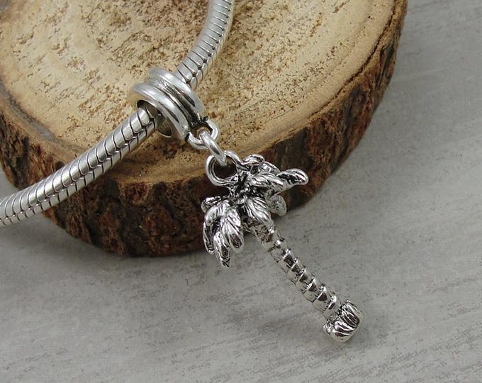 Silver 3D Palm Tree European Charm, Palm Tree Dangle Charm, Large Hole Bead, Tropical Hawaiian Tree Charm with bail fits European Bracelets