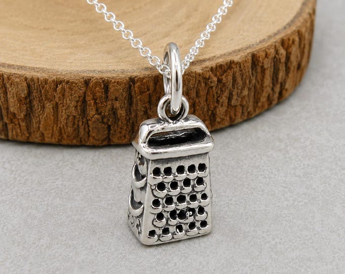 Cheese Grater Necklace, Sterling Silver 3D Cheese Shredder Charm on a Silver Cable Chain, Chef Necklace, Chef Gift, Kitchen Gadget Charm