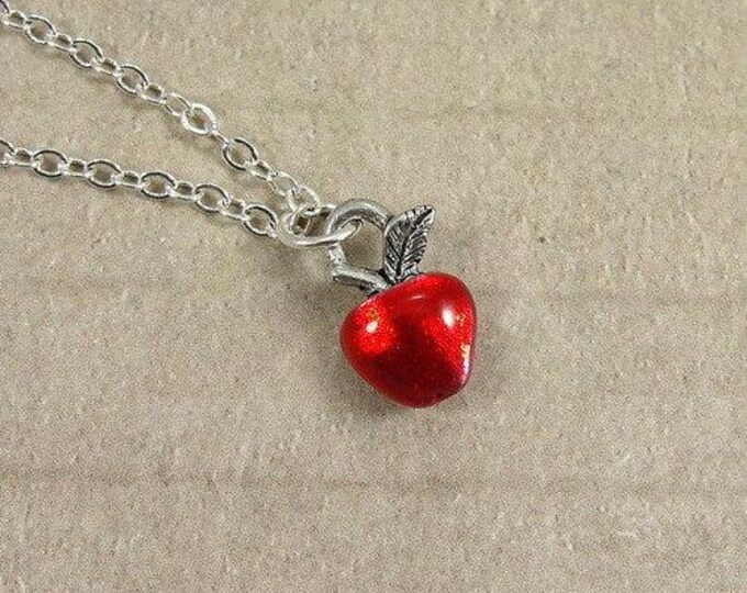 Tiny Red Apple Necklace, Silver Plated Red Apple Charm on a Silver Cable Chain