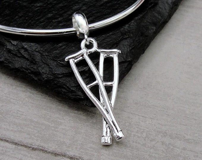 Crutches European Charm, Silver Crutch Dangle Charm, Pair of Crutches Charm with Bail, Doctor Charm, Nurse Charm, Good Luck Charm
