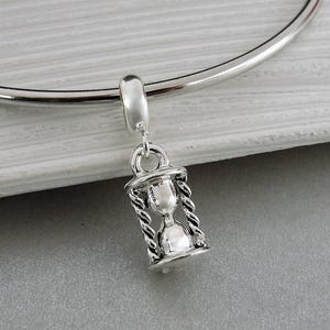 Hourglass European Charm, Silver Sandglass Dangle Charm, Sand Timer Charm with Bail, Snake Bracelet Charm, Large Hole Bead