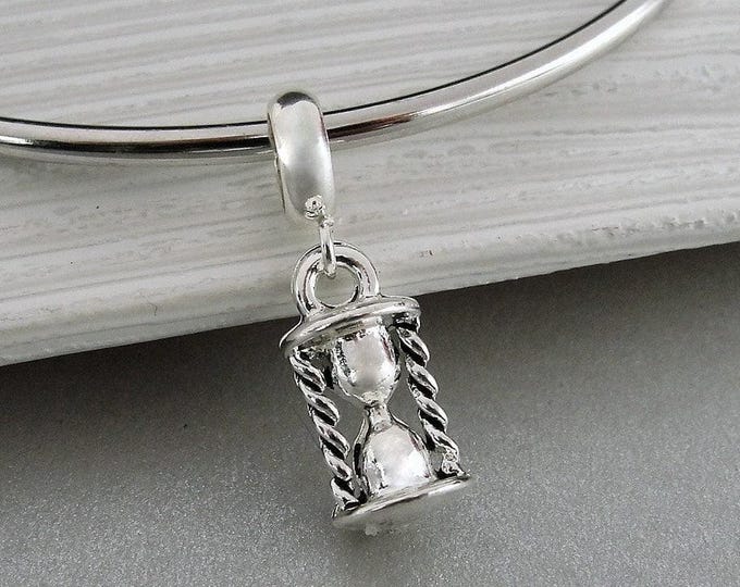 Hourglass European Charm, Silver Sandglass Dangle Charm, Sand Timer Charm with Bail, Snake Bracelet Charm, Large Hole Bead